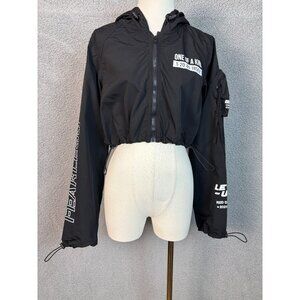 Smoke Rise Black Crop Hooded Jacket Fearless Graphics Drawstring Hem Small NWT's